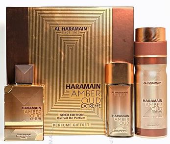 Amber Oud Gold Extreme 2.5oz Edp + 1.0oz Edp + 6.6oz Body Spray By Al Haramain