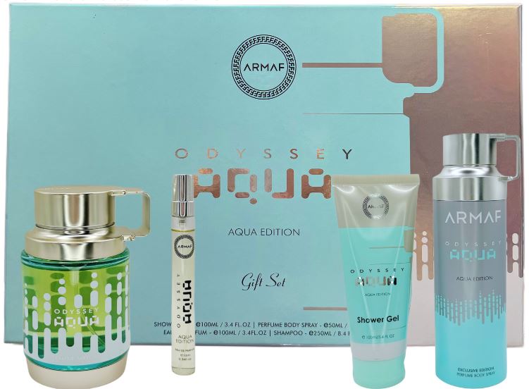 Armaf Odyssey Aqua Lux gift set with 3.4oz Eau de Parfum, travel spray, shower gel and body spray